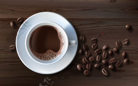 写实风格一杯咖啡和咖啡豆