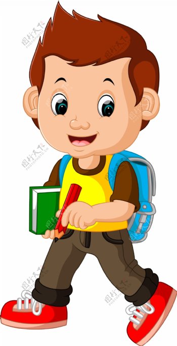 背着书包拿着铅笔的小男孩