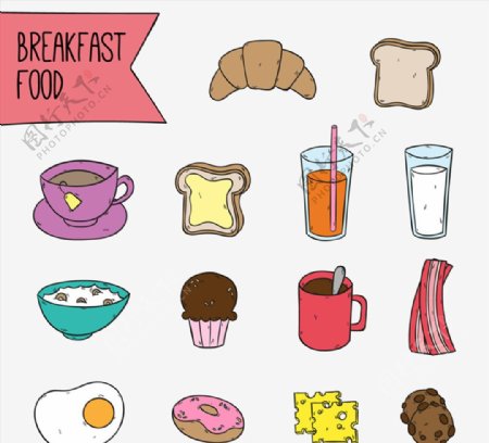 14款彩绘早餐食物矢量素材