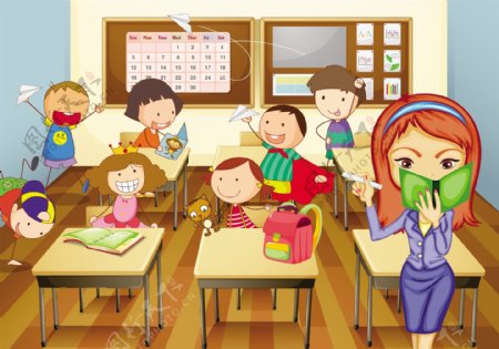 卡通教室插画女老师与学生矢量