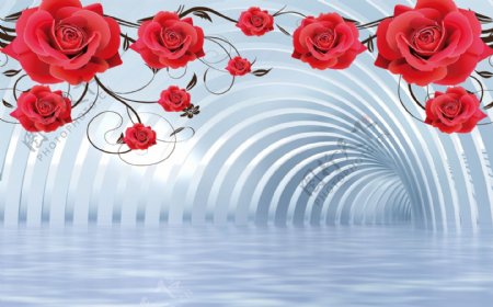3D立体大红色玫瑰花背景墙