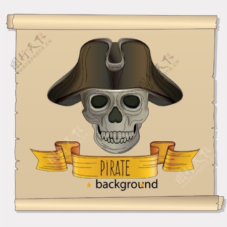 手绘戴着海盗帽的骷髅头骨