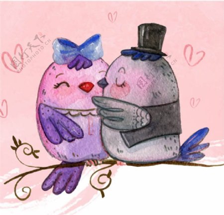 手绘水彩情人节浪漫可爱的小鸟