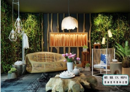 植物墙木休闲椅绿植荷叶吊灯