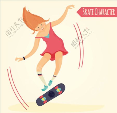 卡通滑滑板的女孩插图