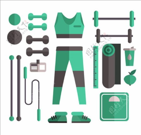 卡通绿色女性健身器材元素