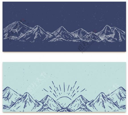 两款手绘素描山脉横幅插图