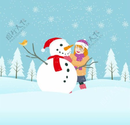 卡通圣诞节和雪人一起的孩子