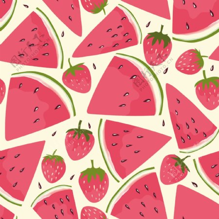 红色可爱草莓西瓜无缝图案背景矢量