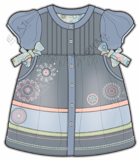 牛仔短袖女宝宝服装设计彩色稿件矢量素材