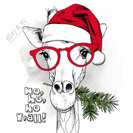 带着眼镜的长颈鹿可爱动物圣诞节海报矢量