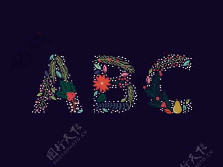 abc花朵树叶拼贴组合英文字母矢量