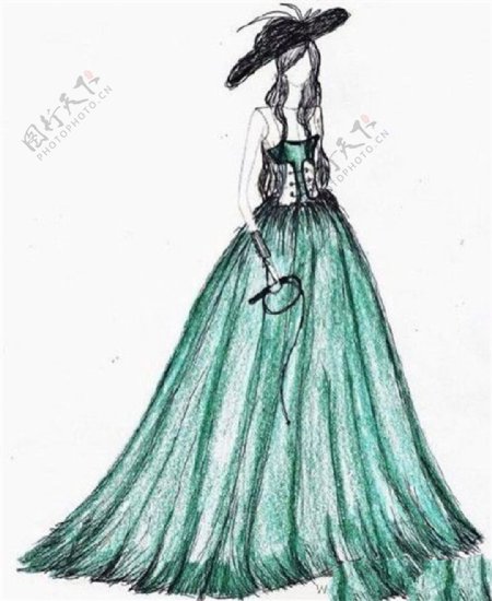 绿色吊带长裙礼服设计图