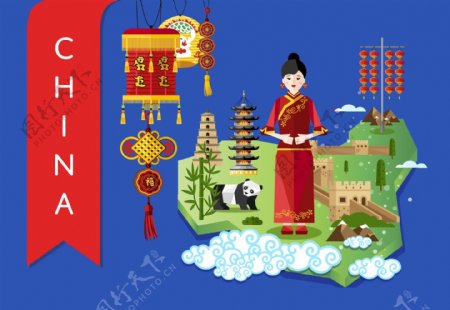 中国地标美食建筑人物扁平化旅游矢量设计素材