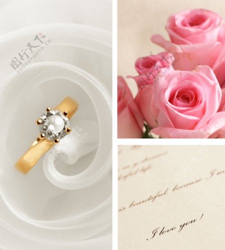钻石戒指与玫瑰花图片