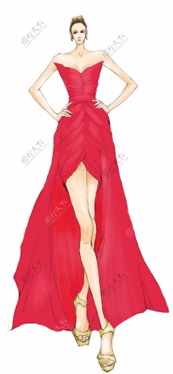 红色时尚长裙设计图