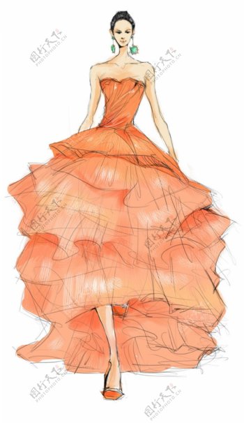 橙色波浪抹胸裙设计图