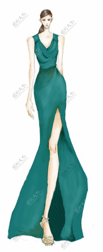 绿色开叉长裙设计图