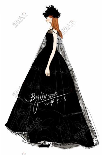 黑色长款蓬蓬裙设计图