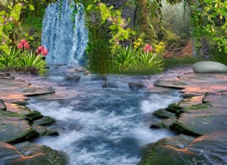 美丽瀑布小溪风景图片