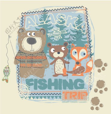 在钓鱼的动物男孩服装花纹图案秋冬装矢量