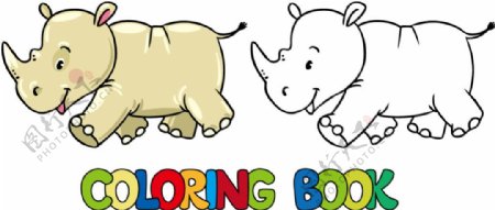 卡通动物犀牛着色图片矢量素材