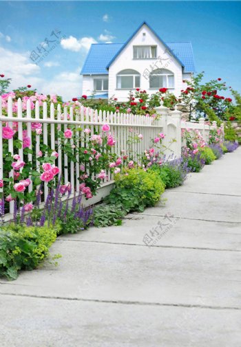 别墅与栅栏鲜花影楼摄影背景图片
