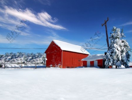 白雪下的红色房子影楼摄影背景图片