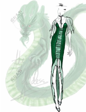 绿色龙形紧身裙设计图