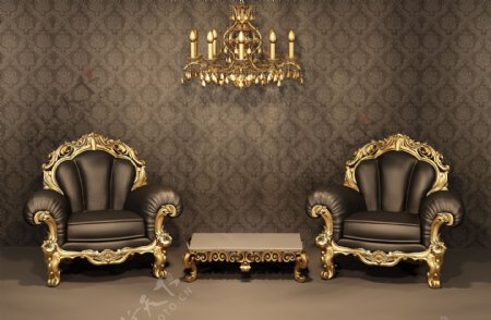 欧式金色花纹沙发效果图图片