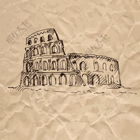 罗马竞技场褶皱纸张手绘速写欧洲建筑矢量