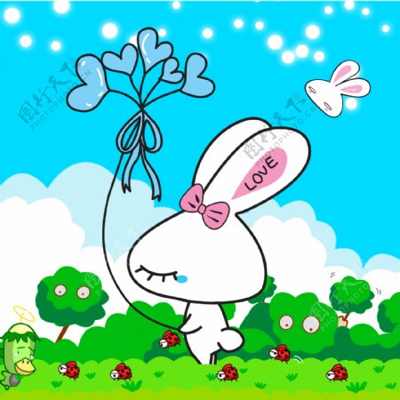 野外手牵爱心气球的小白兔装饰画