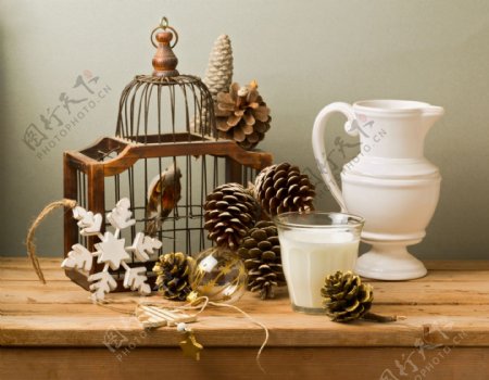 水壶鸟笼松果和牛奶杯图片