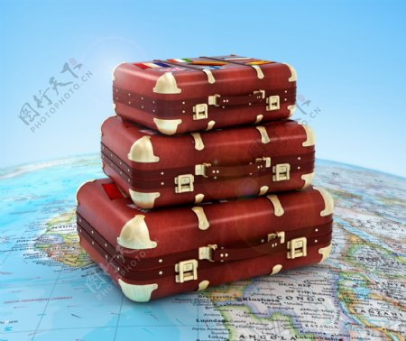 世界地图上的行李箱