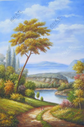 树木湖泊风景油画图片