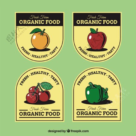 复古风格水果蔬菜有机食品贴纸图标