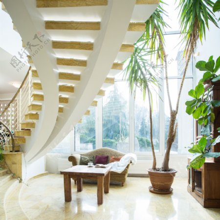 楼梯与沙发茶几植物等高清图片