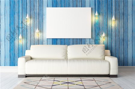 灯泡与房间白色的沙发高清图片