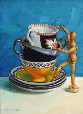 咖啡杯子与木偶人油画图片