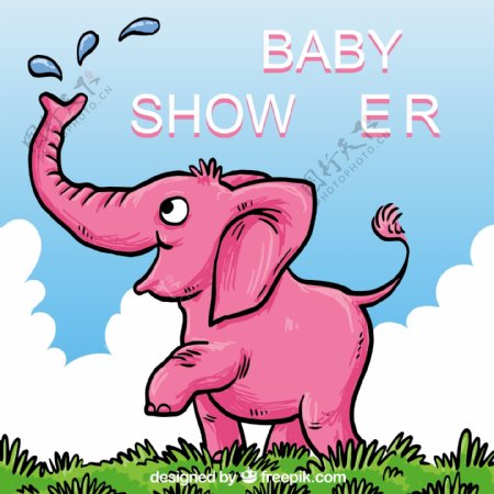 婴儿洗澡卡与手绘粉红色大象