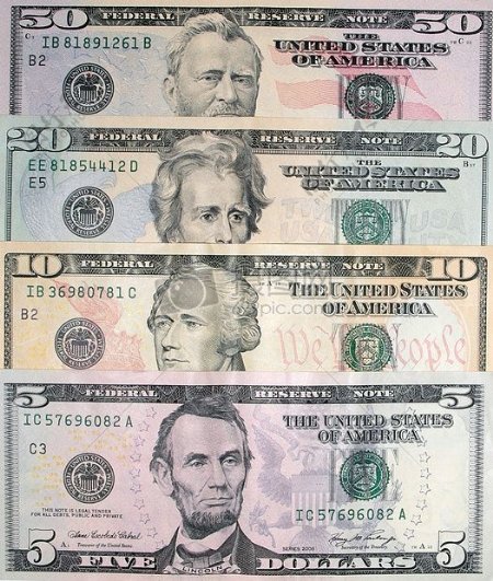 四种金额的美元钞票