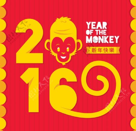 2016年猴子新年红色海报