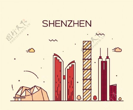 中国深圳卡通复古城市景点矢量素材背景