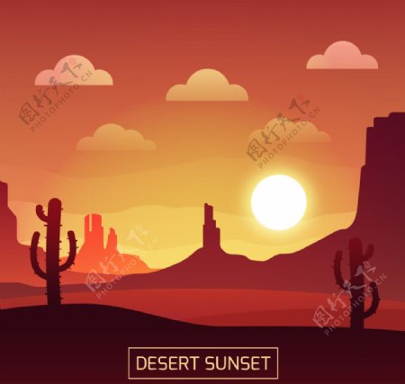 红色色调日落沙漠