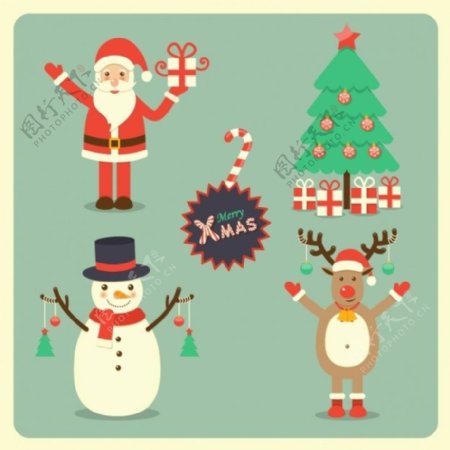 圣诞老人一只驯鹿一个雪人和一棵圣诞树