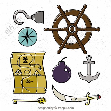 手绘各种海盗物品元素图标