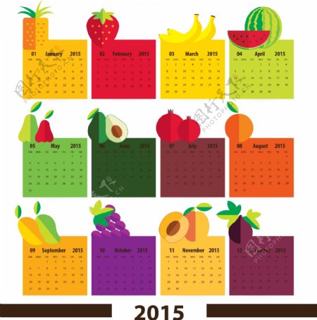 2015彩色水果标贴年历矢量素图片