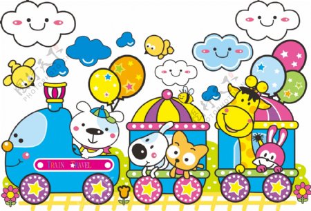 卡通火车和小动物插画矢量素材图片