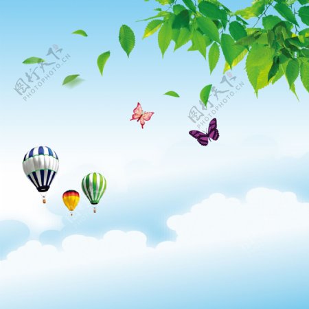 蓝天白云热气球蝴蝶树叶素材