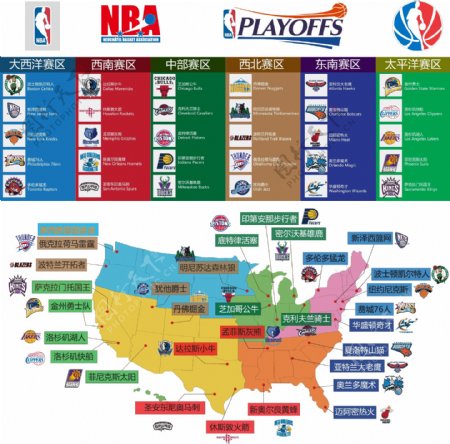 NBA球队西部东部地图分部